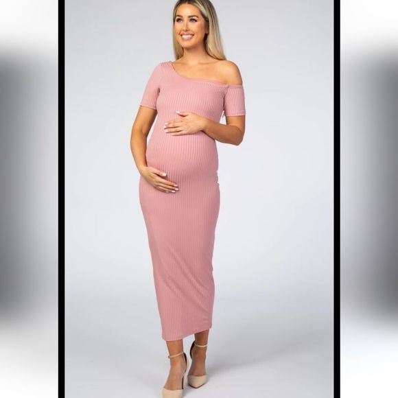 WinWin Dresses & Skirts - Win Win Pink Ribbed One Shoulder Fitted Maternity Dress